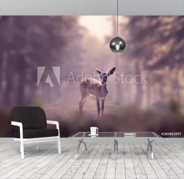 Picture of Alone small deer cub in the fog of a winter forest mountain Nature and wildlife concept with empty copy space for Editors text